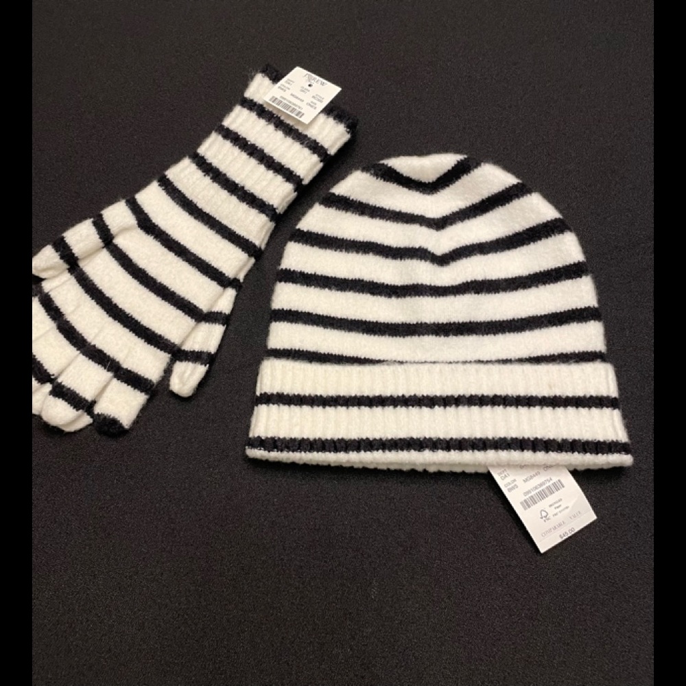 J. Crew Black and White Stripe Hat and Glove Set NWT